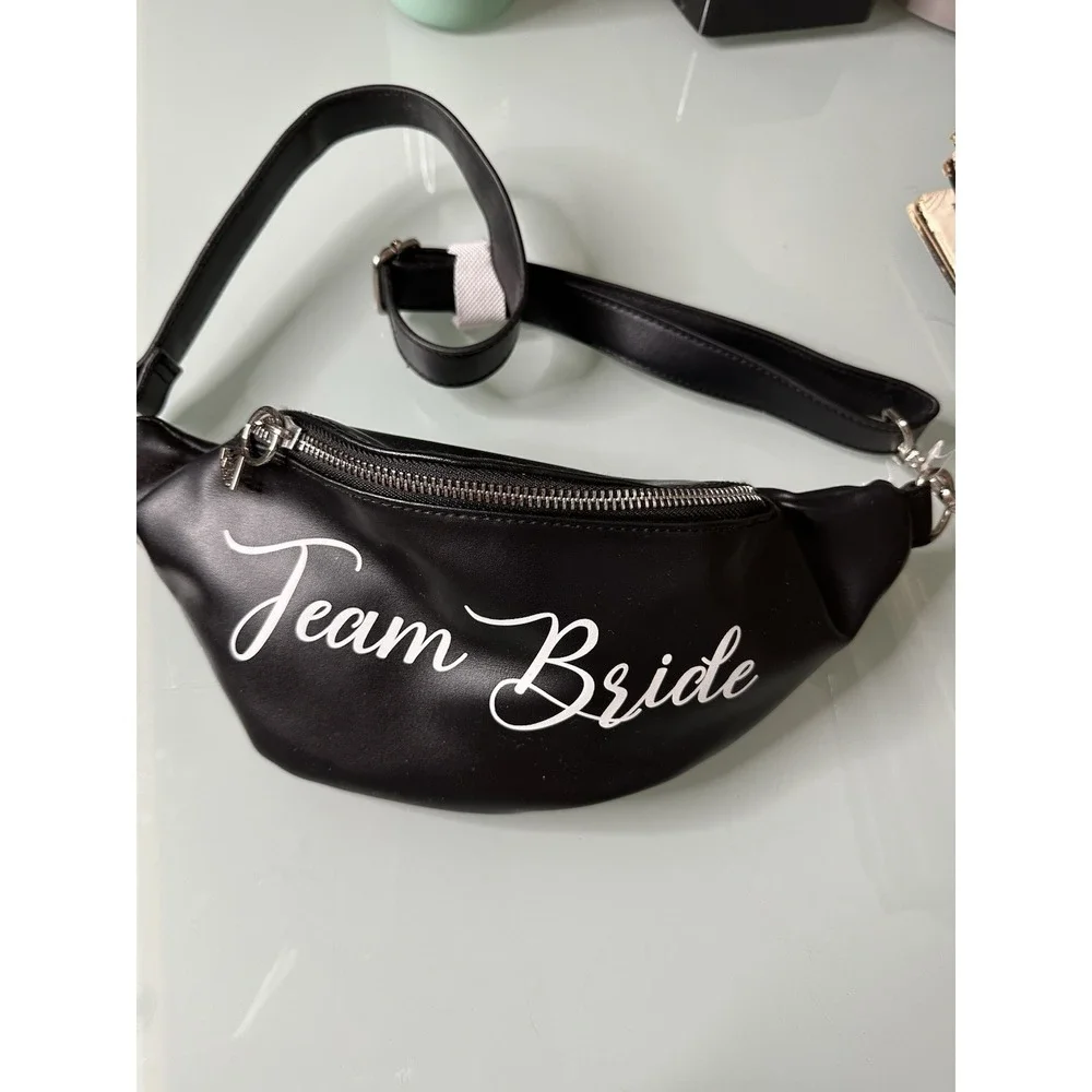 Bachelorette Party TEAM BRIDE Belt Bag Black‎ Faux Leather Diamond Ring Zipper